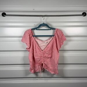 Jaxon Red White Gingham Ruched Front Smocked Back Blouse Top Womens XL